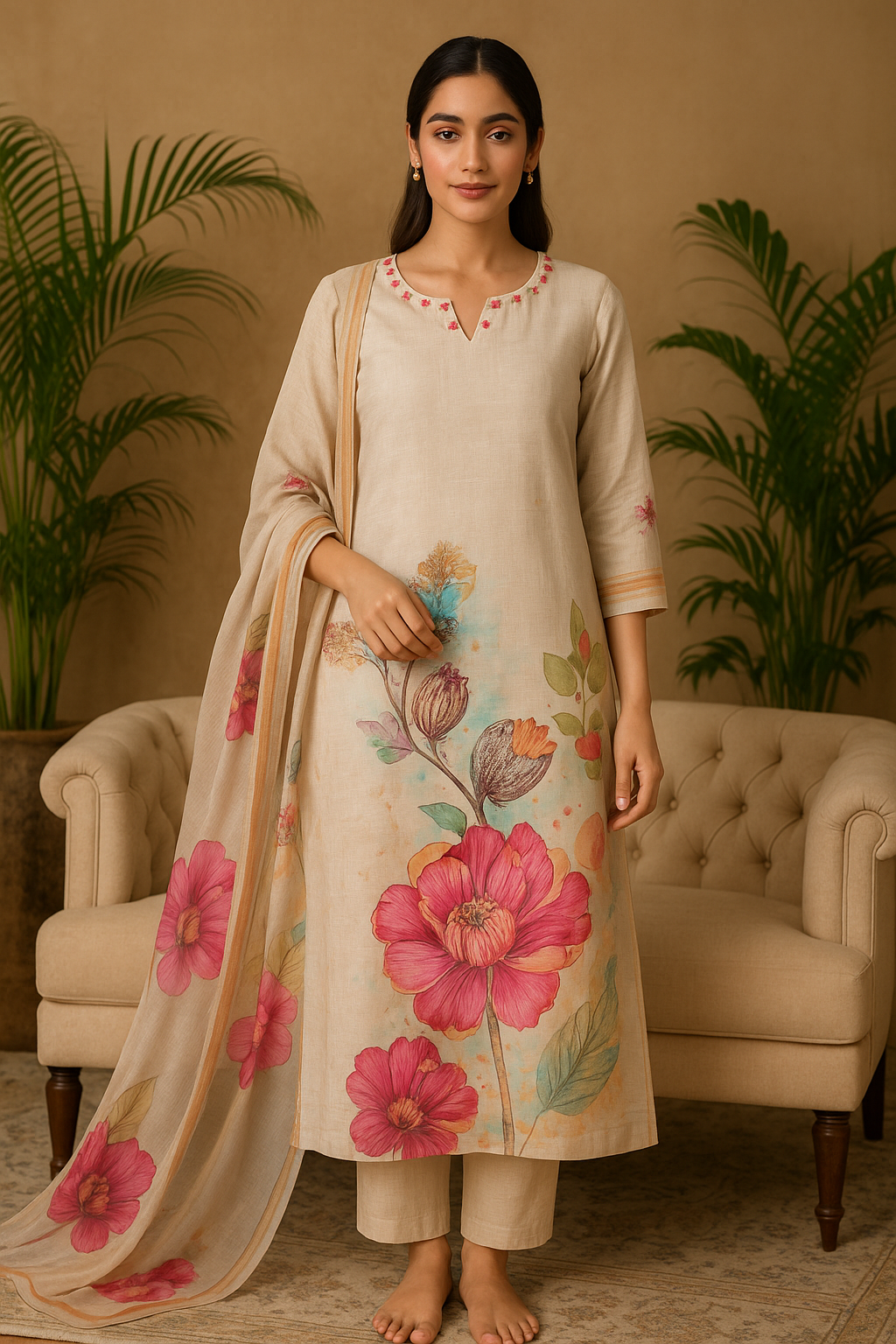 'Muskurahat' Soft Beige Floral Silk 3-piece Set