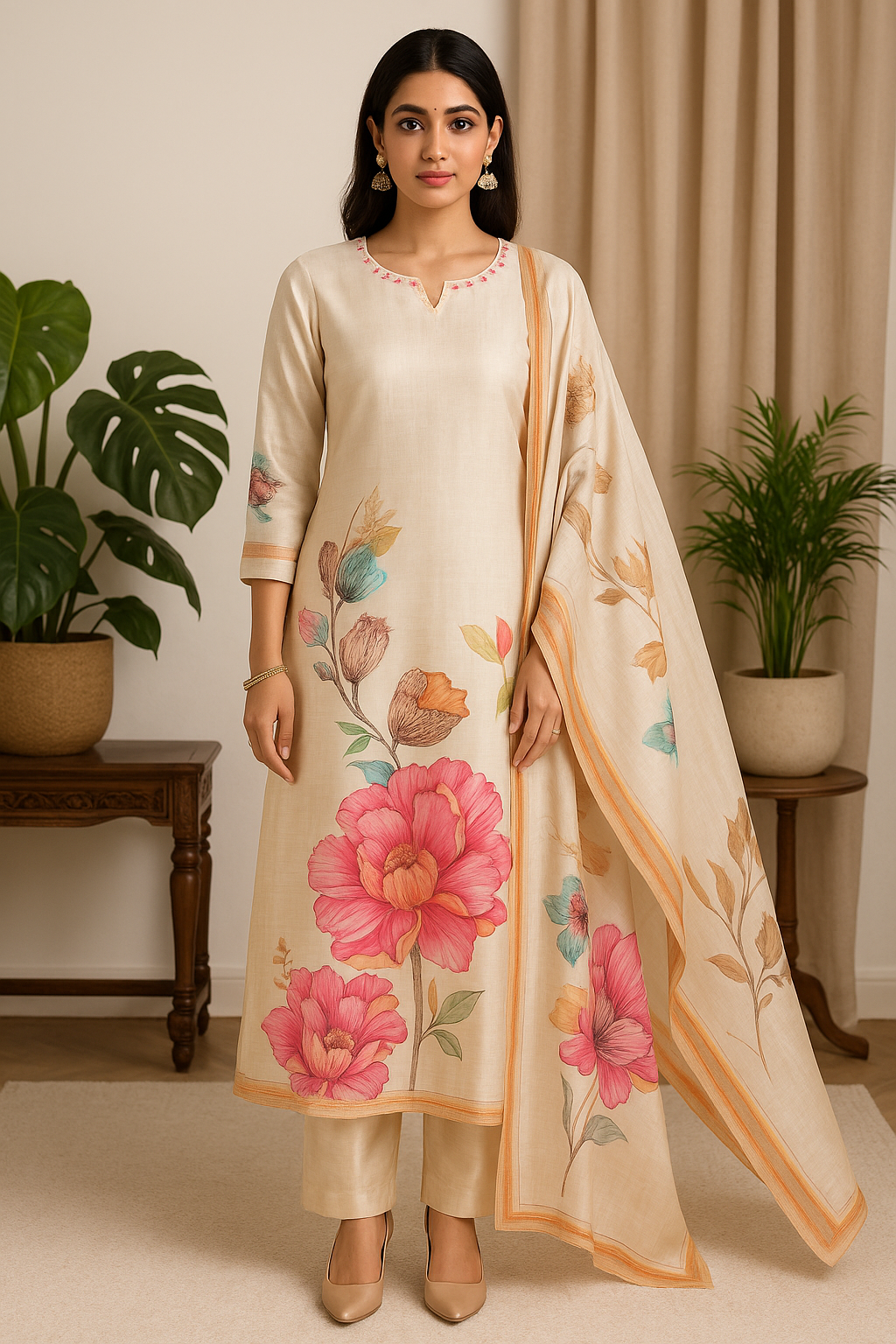 'Muskurahat' Soft Beige Floral Silk 3-piece Set