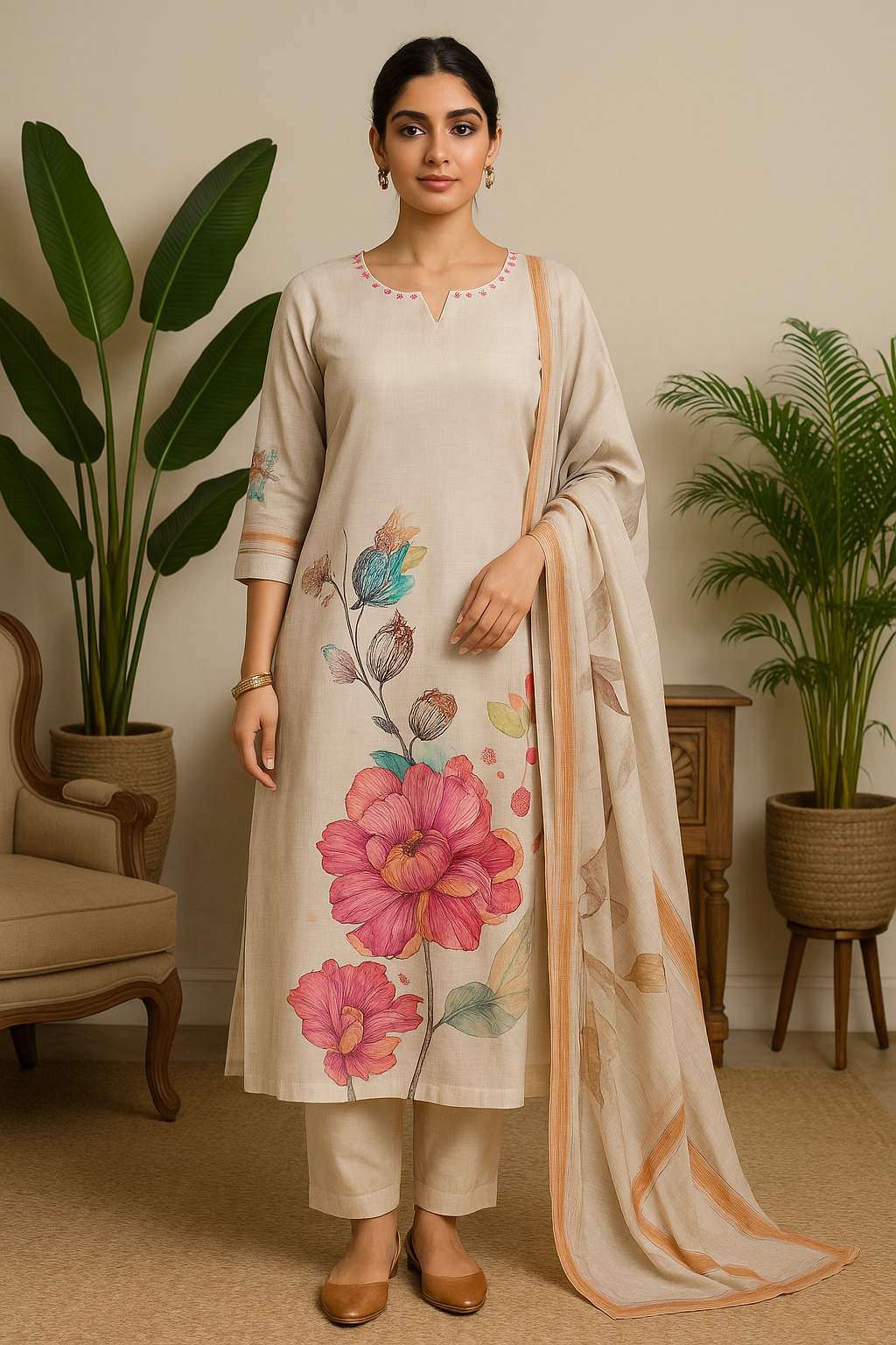 'Muskurahat' Soft Beige Floral Silk 3-piece Set
