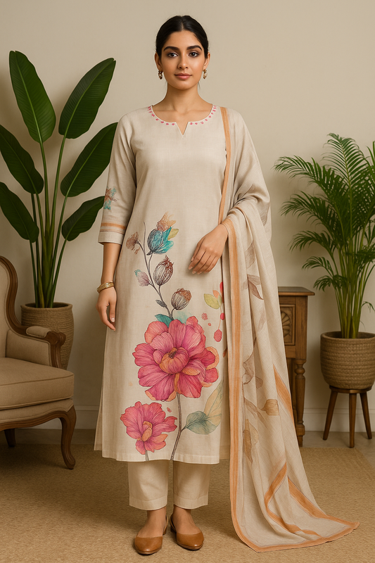 'Muskurahat' Soft Beige Floral Silk 3-piece Set