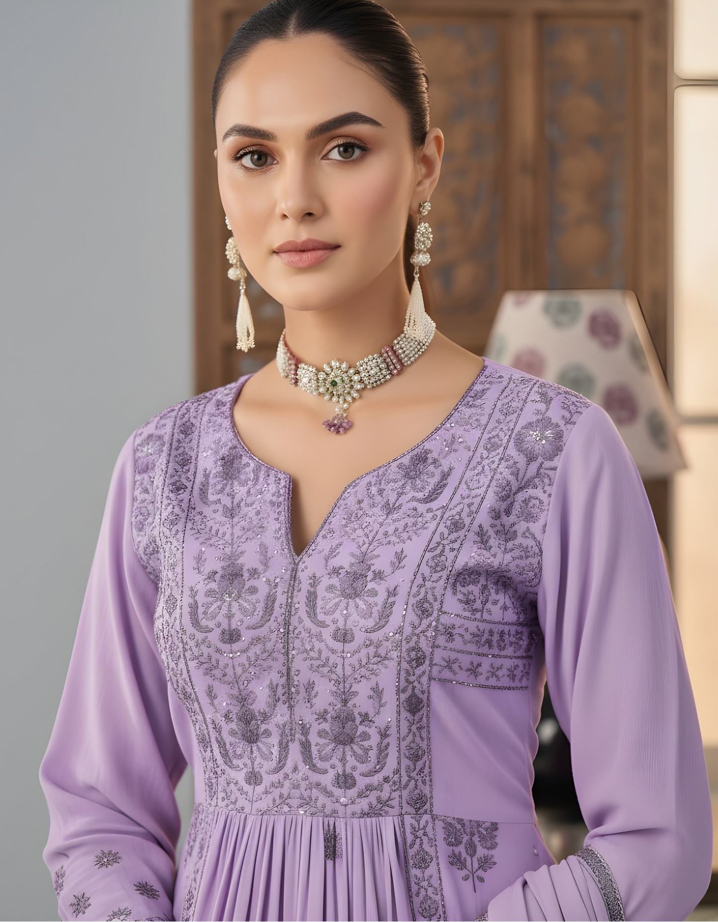 Lilac Whisper: Embroidered Kurta Set with Chikankari Edging