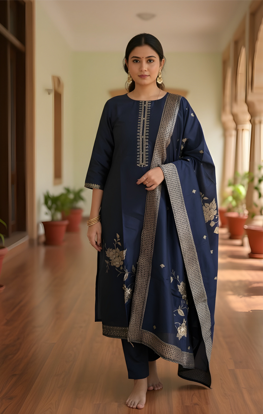 Royal Bloom: Navy Blue Silk Blend Suit with Antique Gold Embroidery