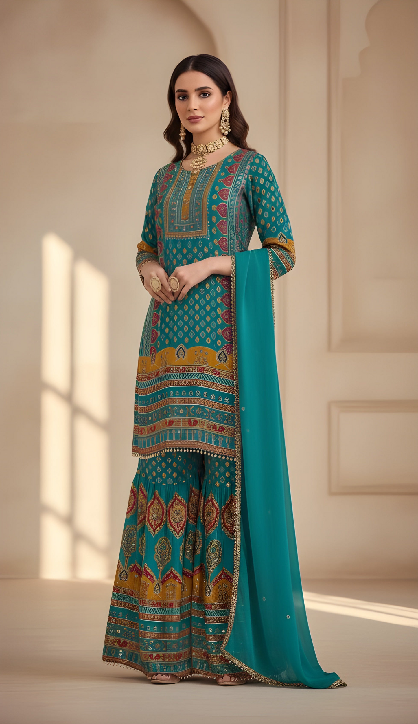 Teal Crepe Silk Sharara Set with Mirror Work