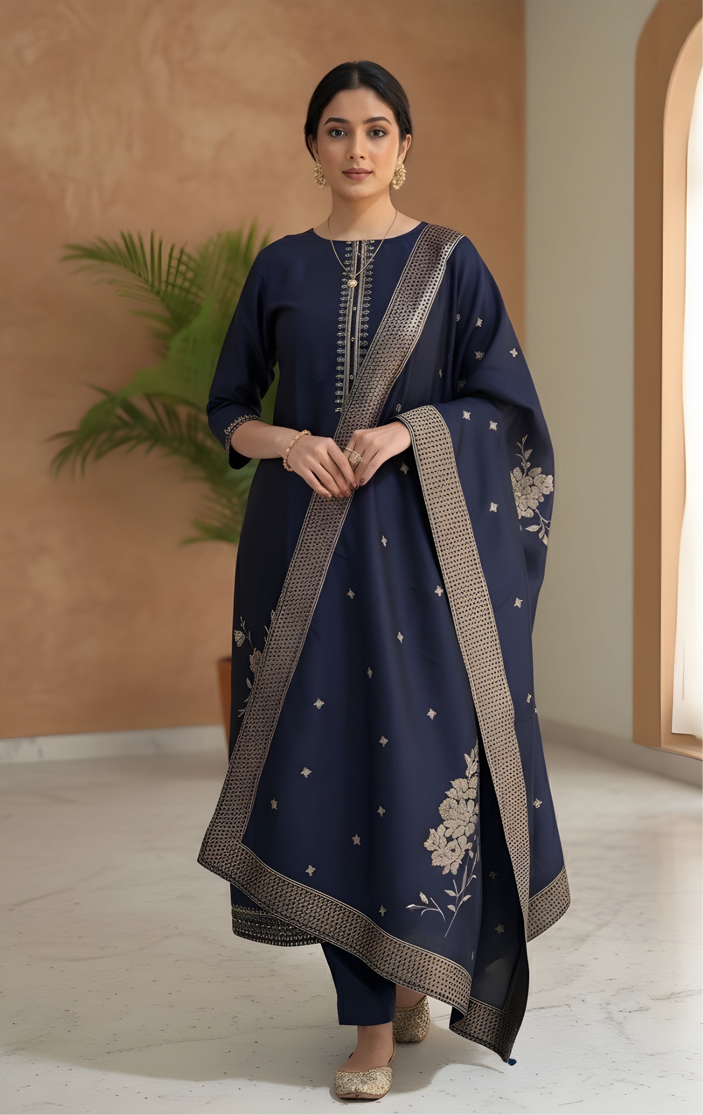 Royal Bloom: Navy Blue Silk Blend Suit with Antique Gold Embroidery