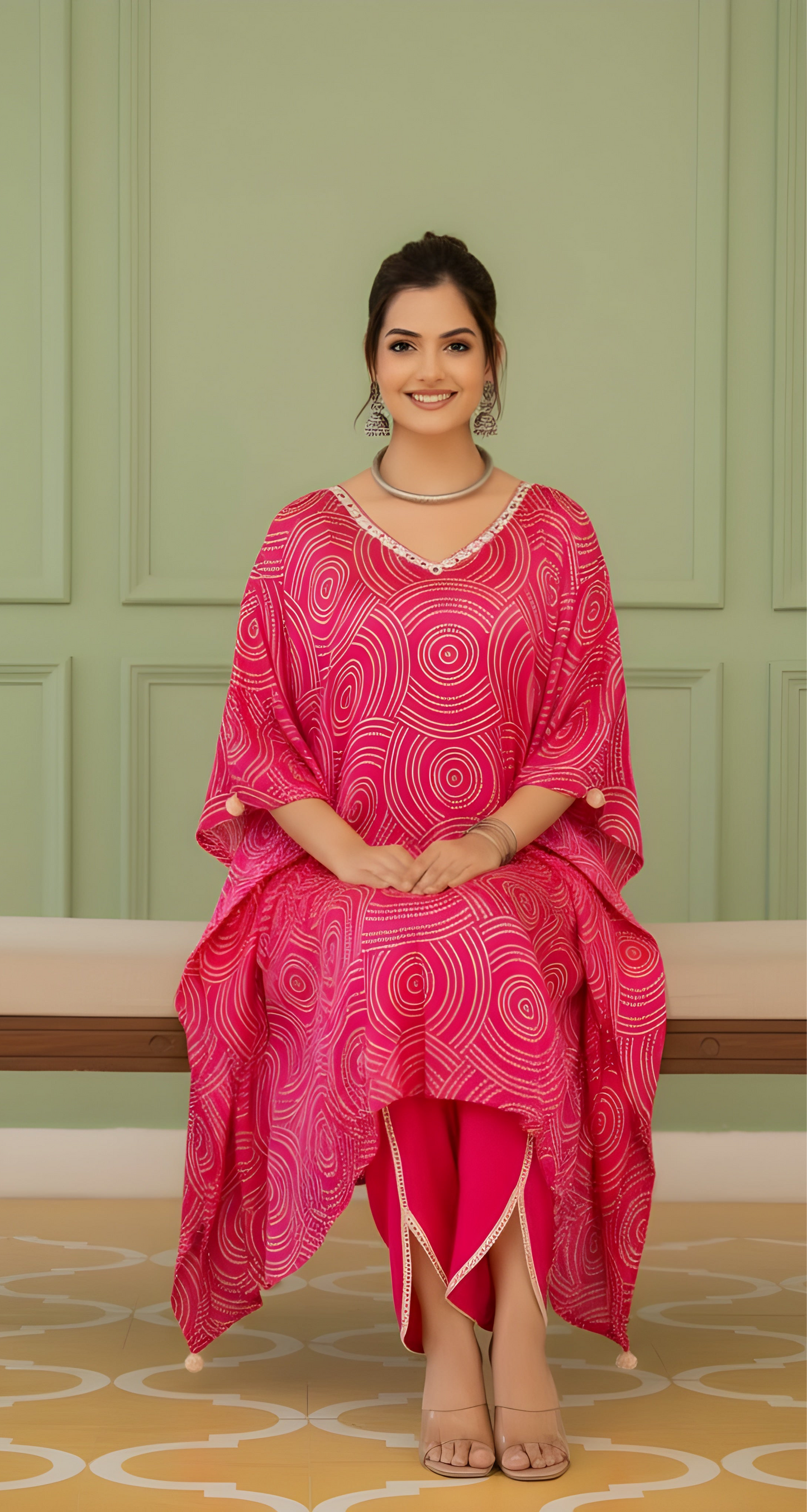 Fuchsia Horizon: Gajji Silk Kaftan Set with Tulip Pants