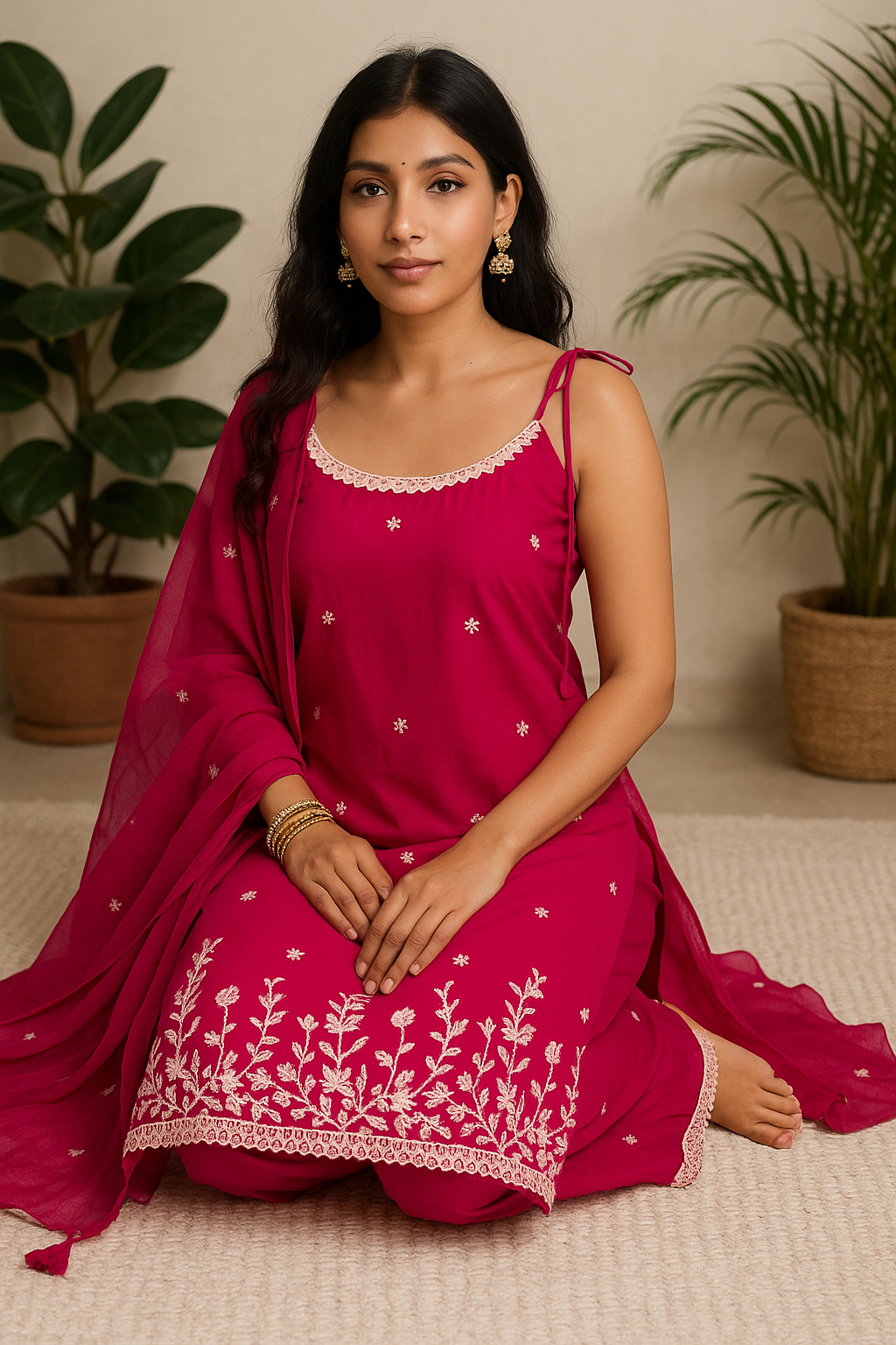 'Dil'  Fuchsia Pink Threadwork 3 piece Kurta Set