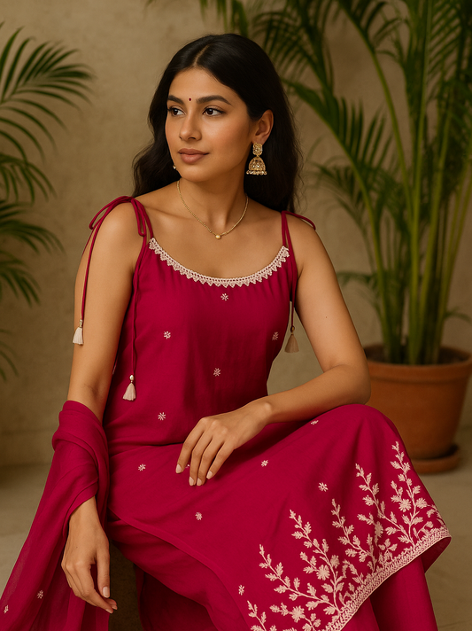 'Dil'  Fuchsia Pink Threadwork 3 piece Kurta Set