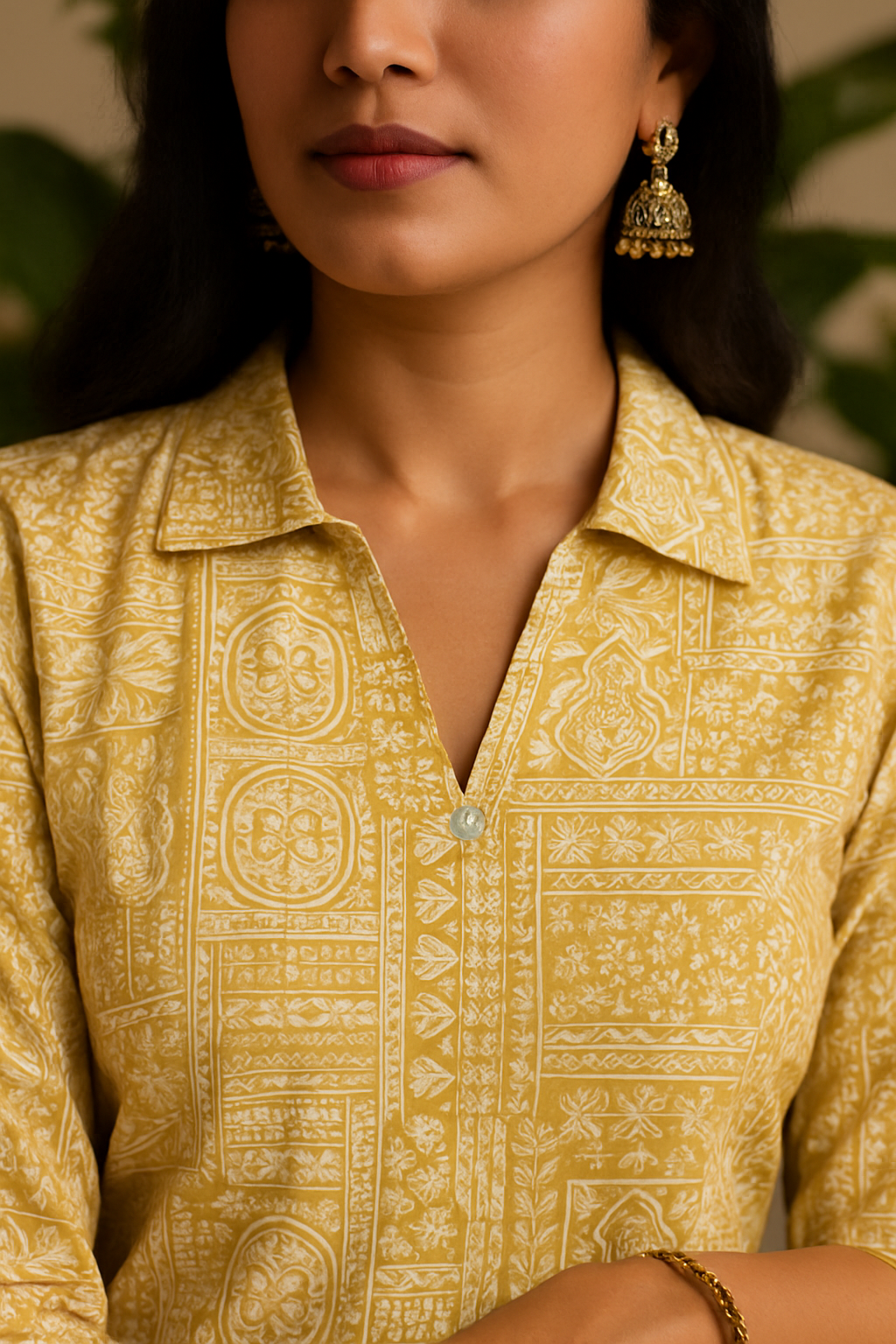 'Roop' Sunlit Mustard Print Kurta- Collar Neck
